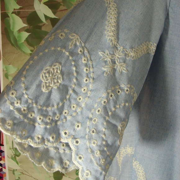 Lt Blue White Embroidered Kimono Jacket Boho Cover up Summer Lt Weight Beach S/M - Picture 5 of 15